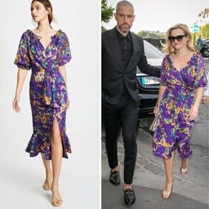 NWT SALONI Olivia Floral Printed Silk Midi Dress ~ Violet Sweetpeas SZ 10